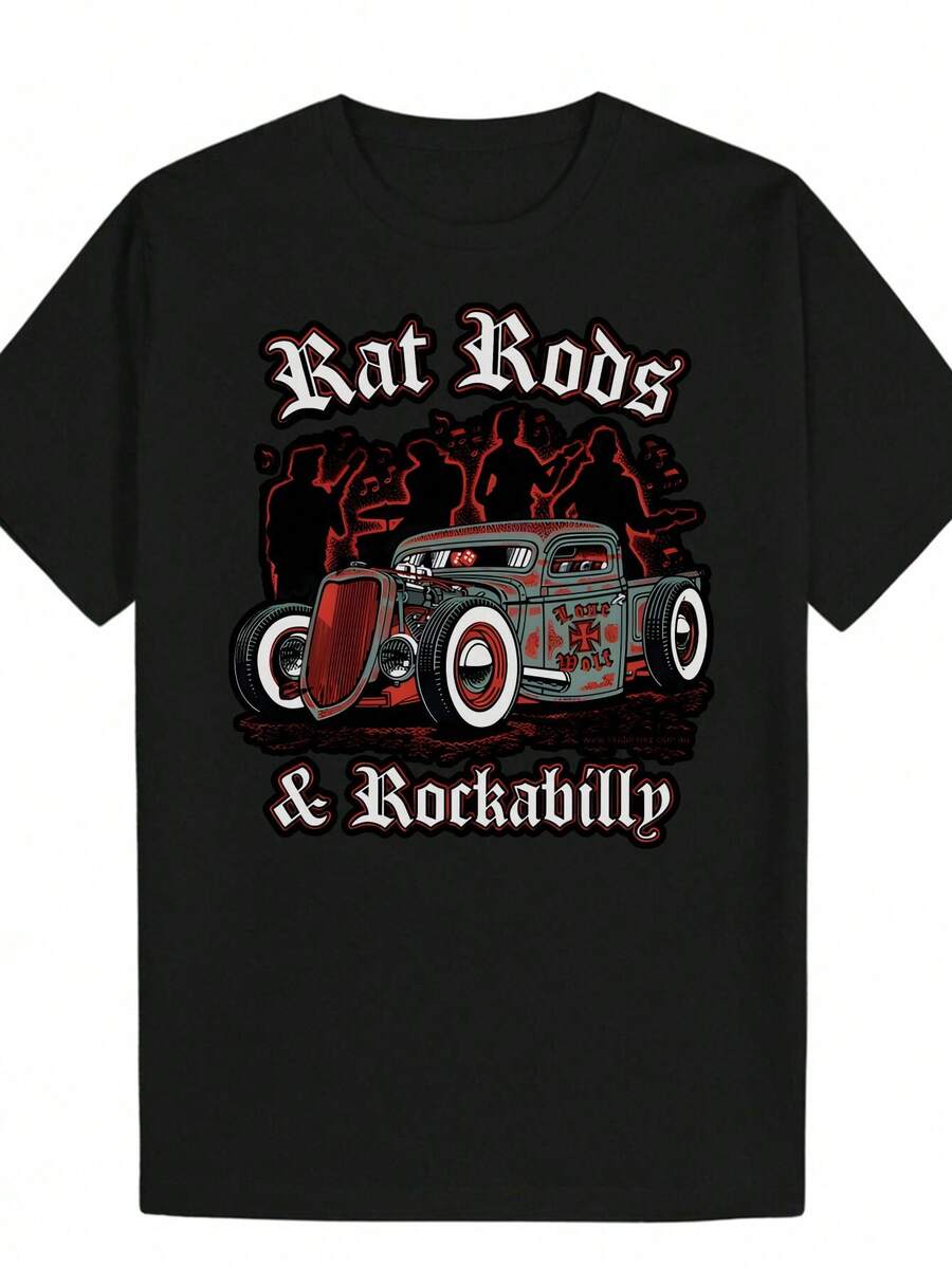 Camiseta Vintage Rockabilly para Hombre - Estampado Retro de Coche Blanco y ROCKABILLY, Corte Holgado con Cuello Redondo, Ropa Casual para Todas las Estaciones, Lavable a Máquina para Playa, - Negro - Ver 1