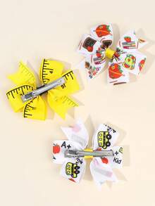6pcs Back To School Bow Hair Clips,Stationery Pattern Satin Ribbon Clips,Alligator Clips,Classroom Hair Bows,First Day Of School Hair Accessories - Multicolor - View 4