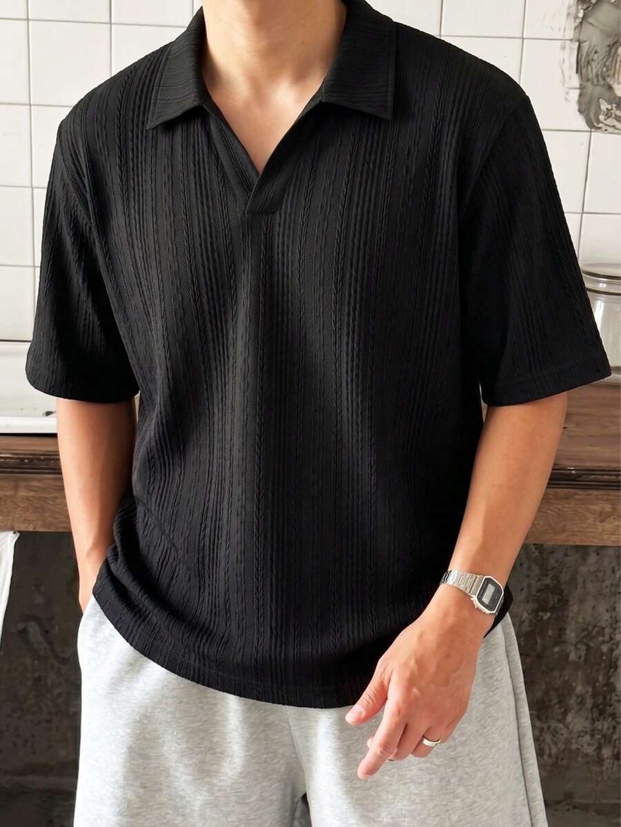 1 buah Kaos Polo Pria, Gaya Korea, Jacquard Bertekstur, Tanpa Kancing, Rajutan Nyaman, Anti-Pilling, Lengan Pendek, Atasan Serbaguna yang Melangsingkan untuk Perjalanan Sehari-hari, Kencan, dan Berbagai Acara - Hitam - View 1