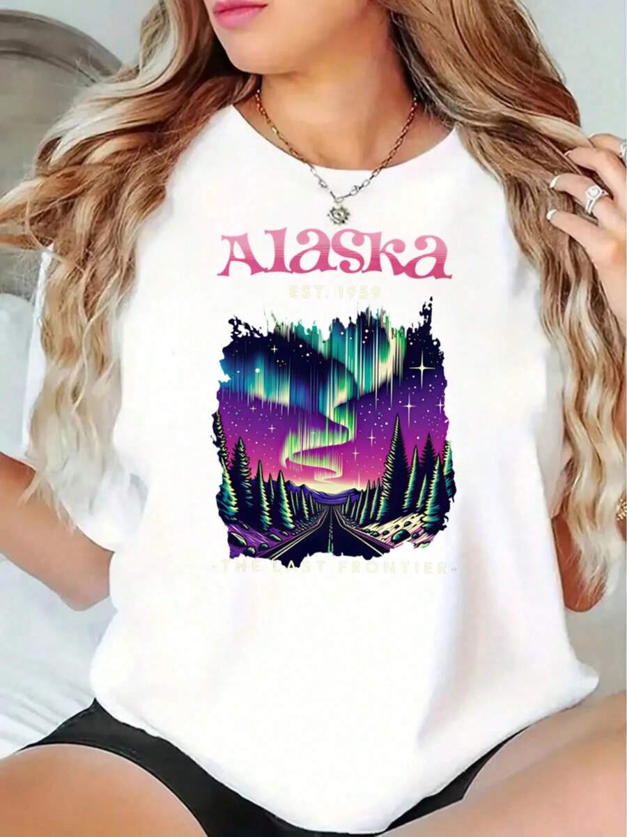 Youth T-Shirt With Aurora Landscape Print, Short Sleeve, Casual Retro Vintage Style, Streetwear, Urban Aesthetic, Summer Graphic - 白色 - 查看 1