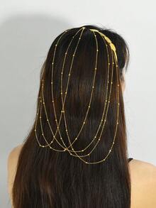 1pc Gold Positioning Bead Chain Tassel Coin Pendant Women's Hair Accessory Jewelry Headband Bridal Wedding Jewelry Head Chain (Random Number Of Positioning Beads On Chain) - Gold - View 3