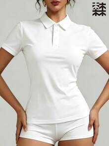 mulinsen 女款運動 Polo 衫 T-shirt，純色休閒薄款短袖上衣，輕量冰絲透氣翻領短袖，時尚鈕扣領設計，適合戶外休閒、女款高爾夫服飾、網球穿著、馬術騎乘上衣 - 月光白 - 查看 7