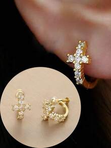 1對時尚新款鋯石十字一體式銅耳環 女款 無耳洞螺絲耳夾 可調節鬆緊 適合日常配戴與節日送禮 - 耳夾 - 查看 2