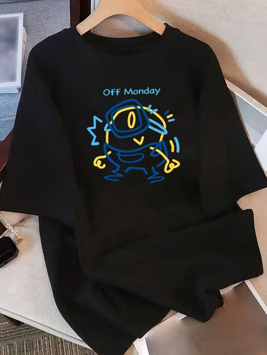 Camiseta estampada 100% algodón para mujer, de manga corta, estilo coreano, única y elegante, marca de moda, diseño exclusivo, - Negro - Ver 1