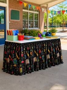 1pc Black School Supplies Print Table Skirt, Colorful Classroom Style Polyester Rectangular Pleated Tablecloth, Back To School Decoration, Teacher Desk Display, Kindergarten Classroom Party, Library Reading Corner - Multicolor - View 6