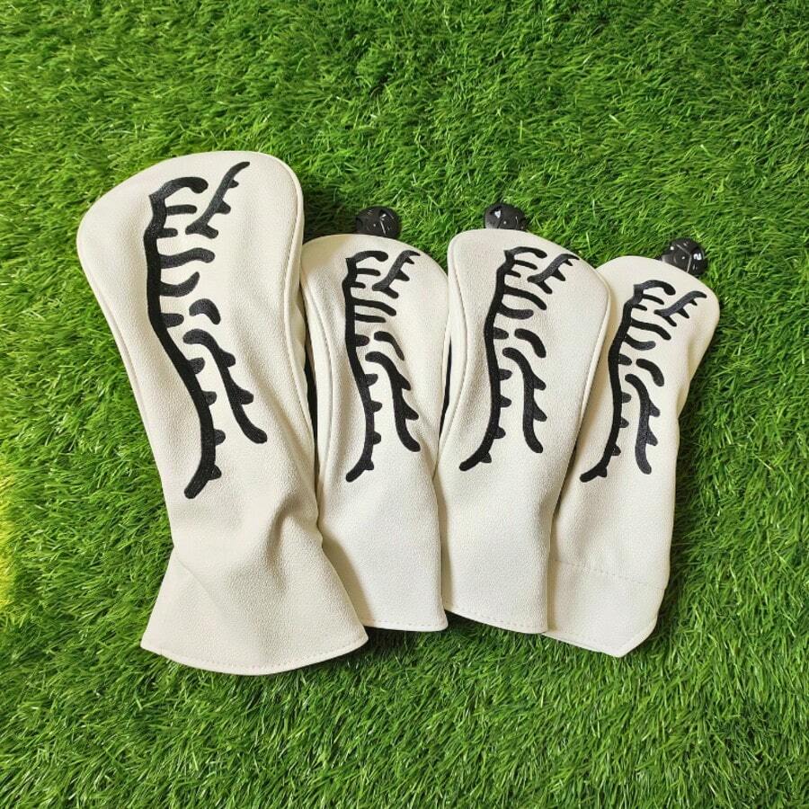 Premium Minimalist Golf Wood Club Headcover, Single-Line Tiger Stripe Embroidery Design, Soft PU Leather Anti-Collision Golf Club Head Cover - White - View 1