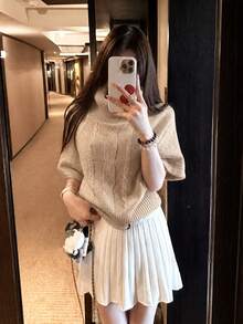 French Style Gentle Elegant Cable Knit Pullover Cape Sleeve Sweater Autumn Loose High Neck Knit Top Women - Khaki - View 2