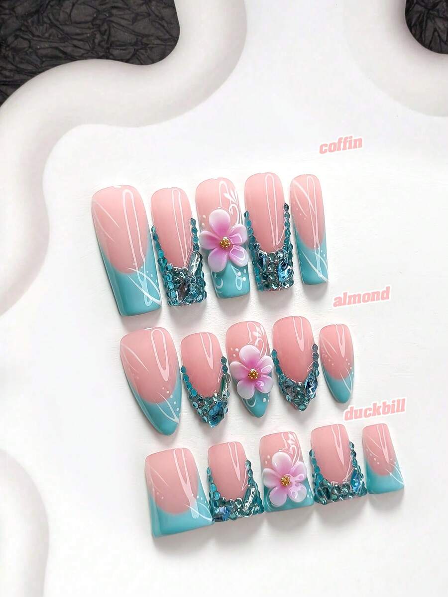 10pcs Luxury Handmade Press-On Nails, Polygel Nail Art Set, Blue Rhinestone Five-Petal Flower Design, Blue Nail Polish, Hot Girl Style, Includes Nail Tools, 3 Sizes Available, Almond/Duck/Coffin Shape, Suitable For Party, Dancing, Daily Wear - 彩色 - 查看 1