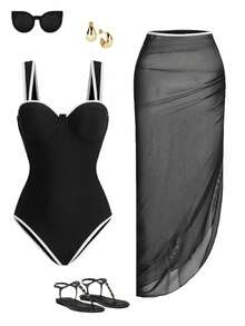 Women's Solid Color One Piece Swimsuit + Skirt, Spring/Summer Outfit - Black and White - View 1