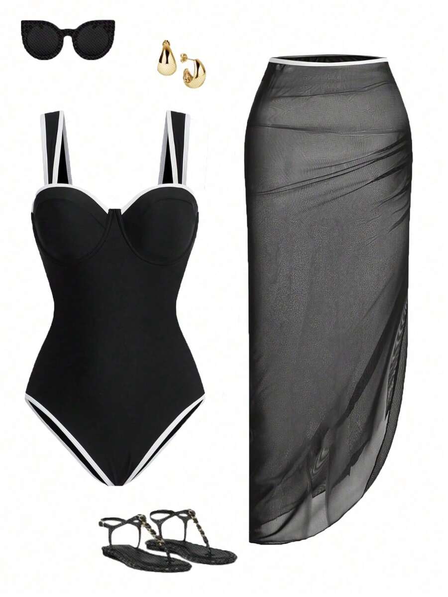 Women's Solid Color One Piece Swimsuit + Skirt, Spring/Summer Outfit - Black and White - View 1
