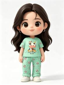 Dibujos animados lindo pijama set 4 piezas - Verde - Ver 4