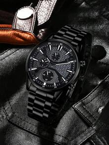 1/4pcs Set, Men's Fashion Round Dial Quartz Watch With Matching Cuban Bracelet, Arrow Pendant Necklace, Ring, Versatile Exquisite Accessories, Thanksgiving Family Boys Graduation Season Memorial Gift For Friends (Gift Box Not Included) - Black - View 2