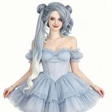 Peruca de Anime Cosplay Pré-Estilizada Ombré Prateado para Branco Longa e Cacheada com Duas Caudas, Coques Duplos e Franja para Personagens Femininas em Temas de Fantasia ou Ídolo, Cabelo Sintético Premium Resistente ao Calor com Maria-Chiquinhas Volumosas e Pontas Onduladas para Uso Diário, Festa e Halloween - Multicolorido - Visão 5