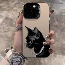 Black Cat Necklace Case For Apple 16Pro,  15Pro, 14Pro, European And American 17Pro New Model - Silver Case - White - Necklace With Black Cat - View 2