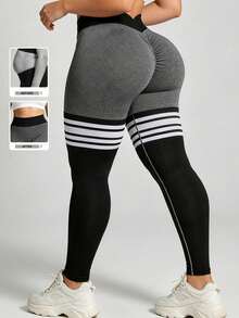 Plus Size Casual Sports Yoga Pants, Seamless Color Block Striped Design, High Waist Tummy Control Lifting, Suitable For Fitness & Daily Wear - Black and White - View 11