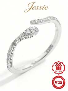 Jessie Jewelry 1pc Elegant Minimalist Classic Personalized 925 Silver Cubic Zirconia Snake Adjustable Ring, Suitable For Women's Daily, Party, Gathering - Silver - View 1