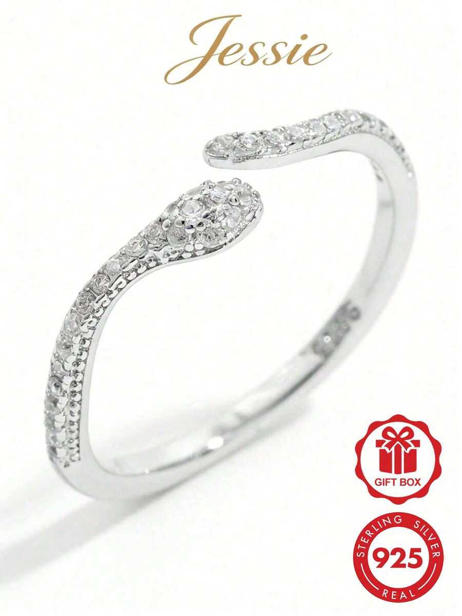 Jessie Jewelry 1pc Elegant Minimalist Classic Personalized 925 Silver Cubic Zirconia Snake Adjustable Ring, Suitable For Women's Daily, Party, Gathering - Silver - View 1