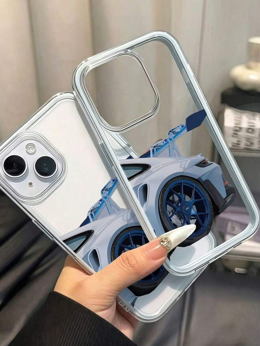 1 pièce Étui de téléphone avec cadre bleu, lentille transparente minimaliste, protection anti-chute et anti-collision, motif de voiture de course, compatible avec Apple 17/17Pro/17Promax/16/16Pro 16 Pro Max/15/14 Plus, 13/12/11, Étui de téléphone Air, housse de protection - Bleu ciel - Voir 1