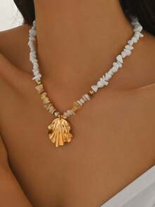collar de cuentas de piedra natural hecho mano, colgante de concha marina de metal estilo boho la moda, adecuado para uso diario, vacaciones en la playa y citas. - Multicolor 4 - Ver 6