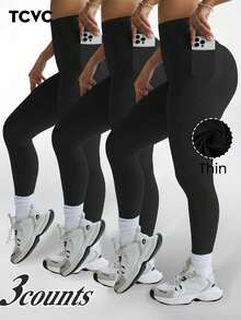 TCVC Leggings de cintura alta de unicolor para mujer, con bolsillos, casuales y cómodos, con abdomen transpirable y amigable con la piel, mallas para yoga, gimnasio y entrenamiento, para tod - Camel - Ver 1