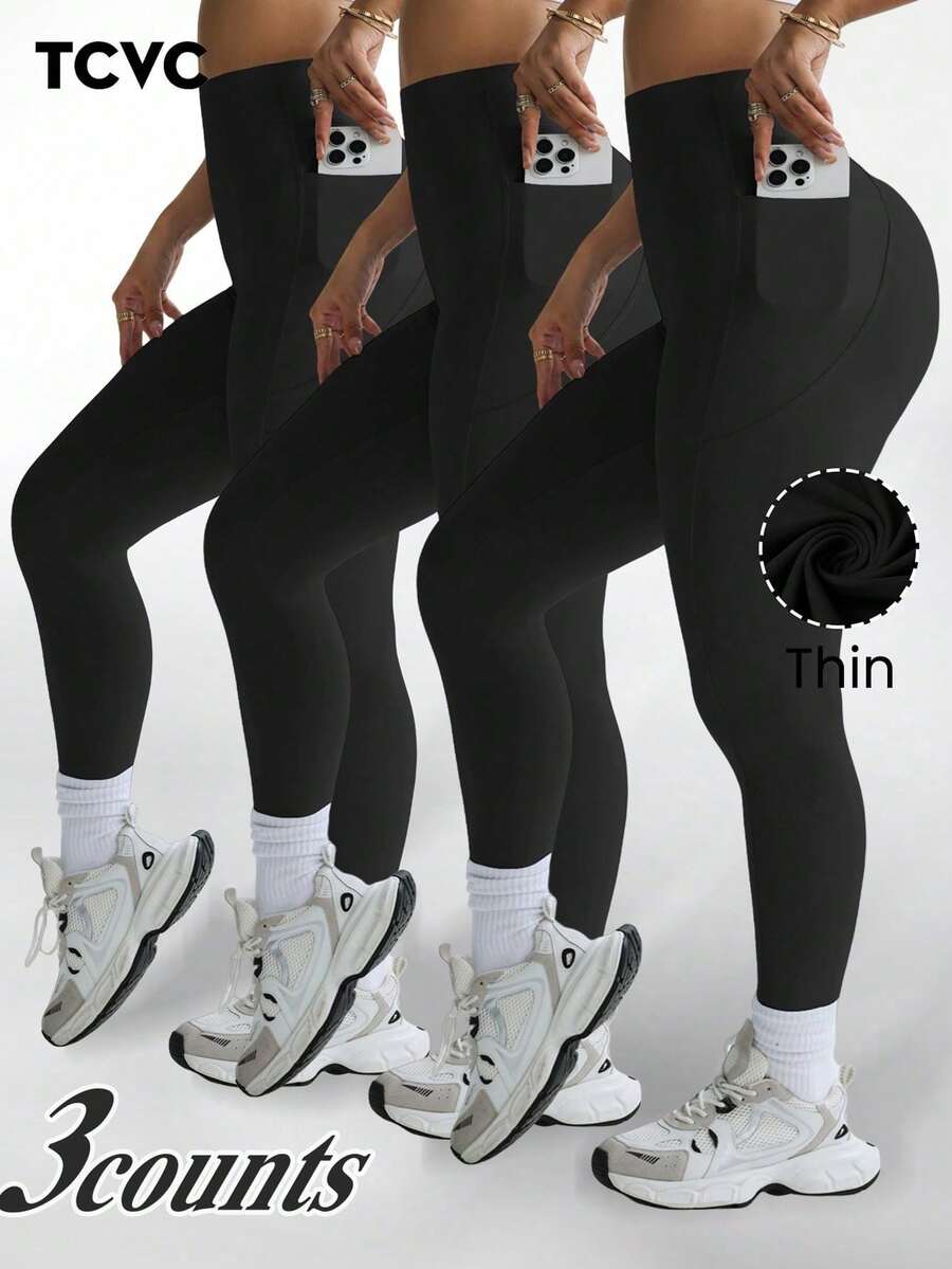 TCVC Leggings de cintura alta de unicolor para mujer, con bolsillos, casuales y cómodos, con abdomen transpirable y amigable con la piel, mallas para yoga, gimnasio y entrenamiento, para tod - Camel - Ver 1