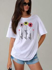Playera Estampada Estampado Flores Margarita Cuello Redondo Básica Moda Juvenil Estilo Urbano Casual Retro Gráfico Verano Chica - Blanco - Ver 1