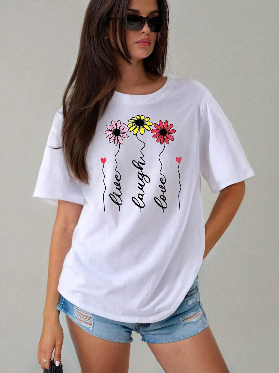 Playera Estampada Estampado Flores Margarita Cuello Redondo Básica Moda Juvenil Estilo Urbano Casual Retro Gráfico Verano Chica - Blanco - Ver 1
