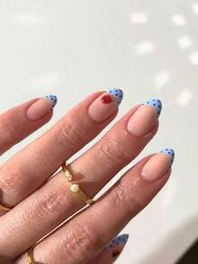 30片短杏仁形穿戴甲，3D凝膠瓢蟲圖案設計，薄荷藍波點法式風，套裝包含：1片果凍膠和1片指甲锉。夏季美甲。 - 薄荷藍 - 查看 3