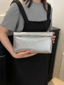 Bolso de mano de color sólido a la moda, de material PU, gran capacidad, con cierre magnético y solapa, bolso cuadrado con patrón de cocodrilo para mujer. - Plateado - Ver 2