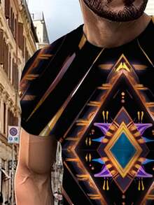 Camiseta con Adorno  Abstracto para Hombre - Diseño Radial Sin Costuras con Diamantes Entrelazados y Detalles de  Angular en Dorado, Morado y Azul Eléctrico, Corte Cómodo con Cu - Negro - Ver 5