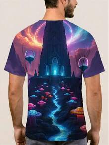Camiseta de Manga Corta Oversize para Hombre - Escena de Ensueño de Otro Mundo con Flora Bioluminescente, Plataformas Flotantes y Efectos de Luz Etérea, Estampado de Alta Definición, Cuello - Negro - Ver 4