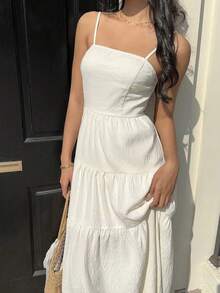 Vestido con escote de tubo plisado de tela texturizada color melocotón claro, con tirantes finos, cintura suelta, estilo relajado para vacaciones - Azul menta - Ver 6