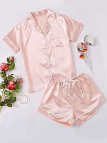 LuxeNights Satin Button-Down Pajama Set With Contrast Trim - Pink - View 1