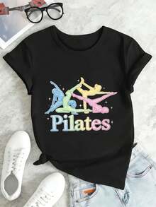 Camiseta de manga corta para mujer con estampado de pilates, ideal para oto?o, 100 % algodón, corte holgado, estilo hip-hop urbano, transpirable. - Negro - Ver 2