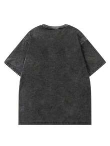 Tin Island Dark Fashion Brand, Vintage Black Wide-Shoulder T-Shirt With Washed And Distressed Effect, American Football Print, Casual Cotton T-Shirt, Regular Length, Neck - 黑色 - 查看 2