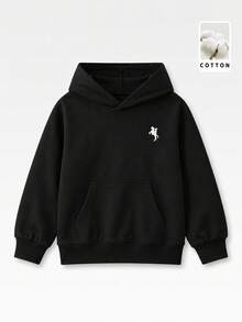 Tween Boy Classic Casual Versatile Cotton Black Embroidered Sweatshirt, Suitable For Layering Or Wearing Alone - Black - View 1