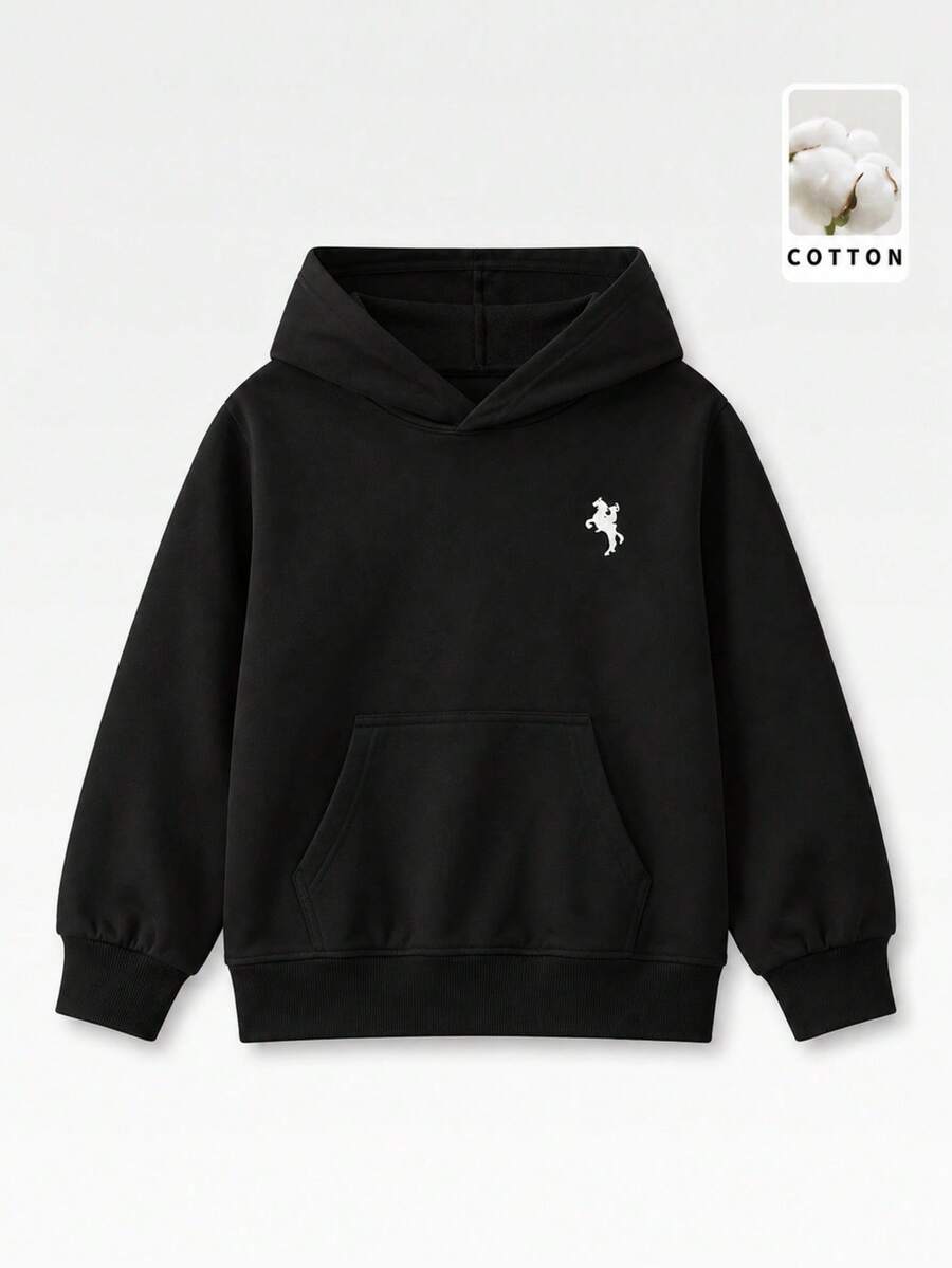 Tween Boy Classic Casual Versatile Cotton Black Embroidered Sweatshirt, Suitable For Layering Or Wearing Alone - Black - View 1