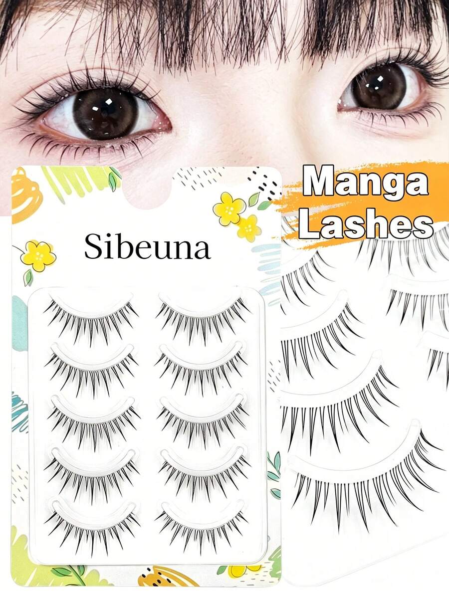 Sibeuna 5對漫畫尖端假睫毛 自然長款韓系女團風睫毛，適合日常妝容眼妝，新手友善，動漫風仙女睫毛 - 黑色 - 查看 1