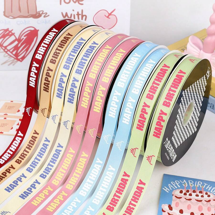 Birthday Cake Ribbon, Gift Box Packaging Ribbon, Bouquet Decoration Ribbon, Ribbed Decorative Ribbon, English Printed Packaging Ribbon - Multicolor - View 1