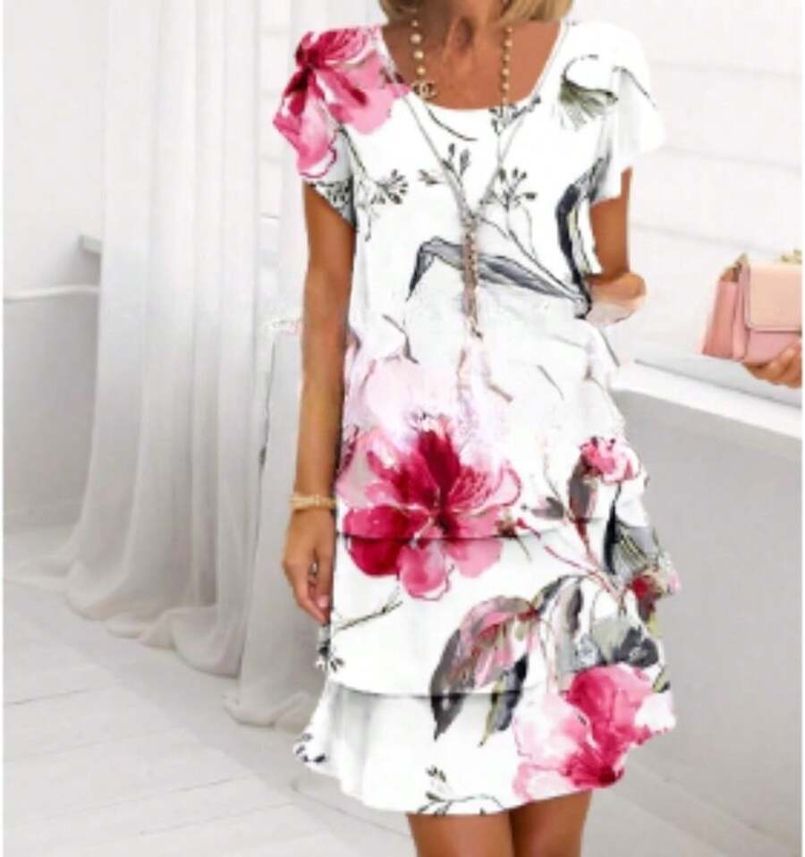 Spring Chiffon Dress With 3D Print, Short Sleeves And Round Neck, European And American Style. - Large White Flowers - View 1