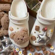 7pcs Cute Teddy Bear & Star Pattern Shoe Charms, With Exquisite Holes, Suitable For Summer Slippers, Sandals, Women's Gift - Brown - View 1