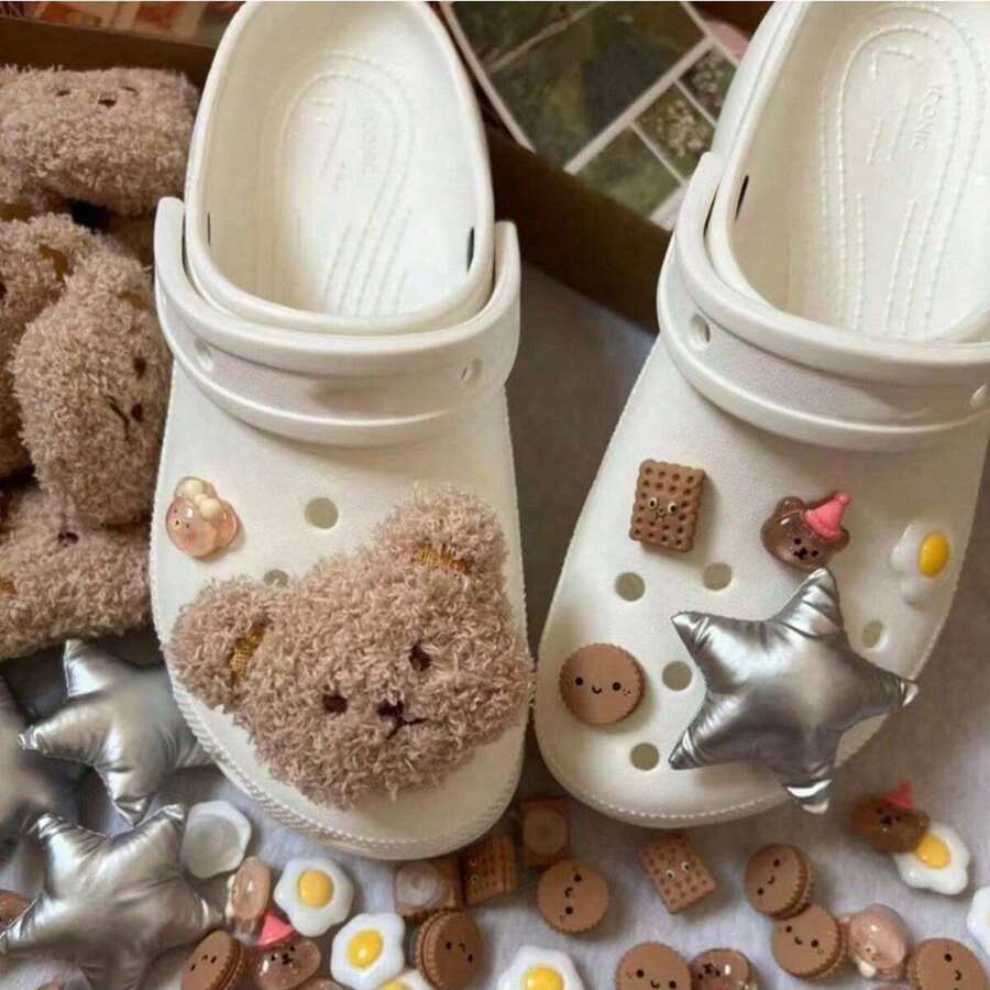 7pcs Cute Teddy Bear & Star Pattern Shoe Charms, With Exquisite Holes, Suitable For Summer Slippers, Sandals, Women's Gift - Brown - View 1