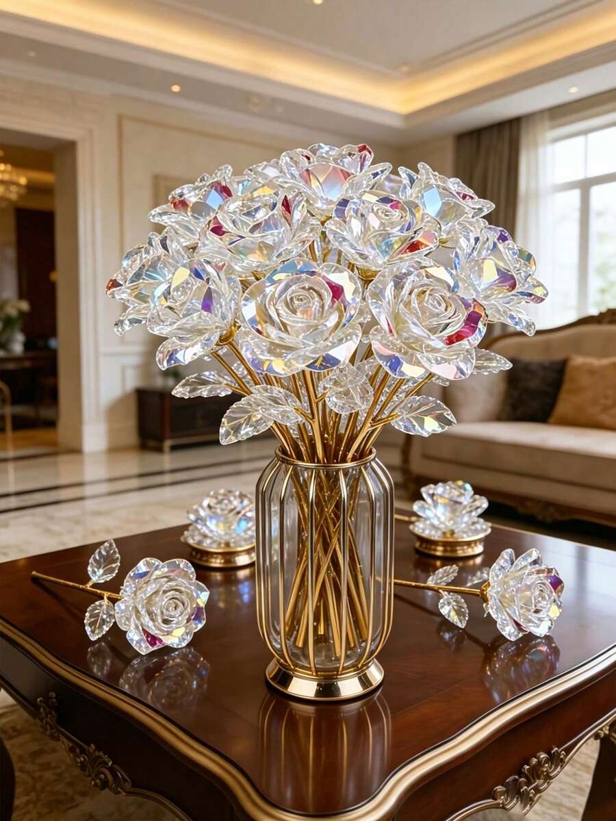 Crystal Roses Artificial Flowers Realistic Rose Bouquet For Wedding Mother's Day Easter Anniversary Centerpiece Valentine Gift Birthday Party Thanksgiving Decor No Maintenance - Multicolor - View 1