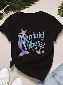 Playera Holgada con Diseño de Sirena Kawaii Marino Cuello Redondo Básica Streetwear Casual Estilo Japonés Urbano Chica Y2K Novedad Retro - Negro - Ver 1