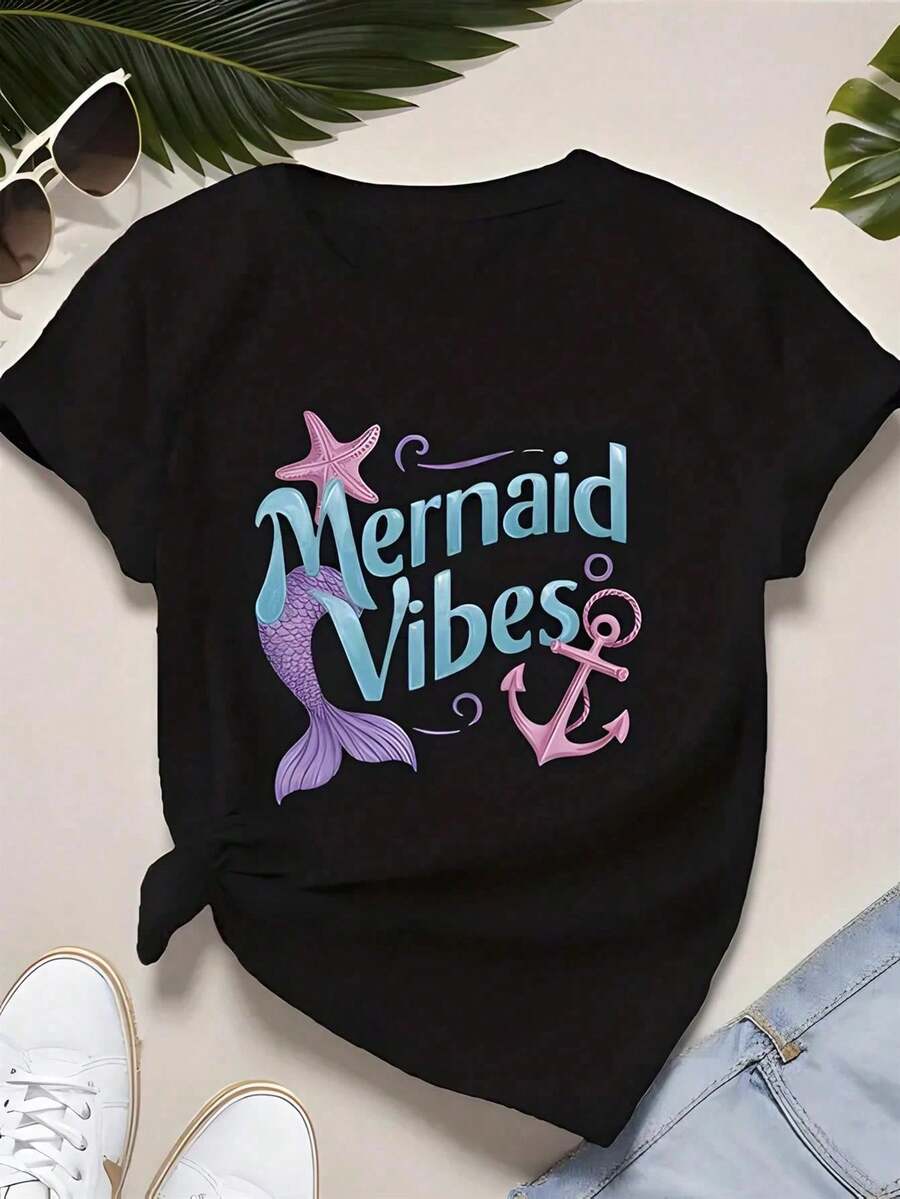 Playera Holgada con Diseño de Sirena Kawaii Marino Cuello Redondo Básica Streetwear Casual Estilo Japonés Urbano Chica Y2K Novedad Retro - Negro - Ver 1