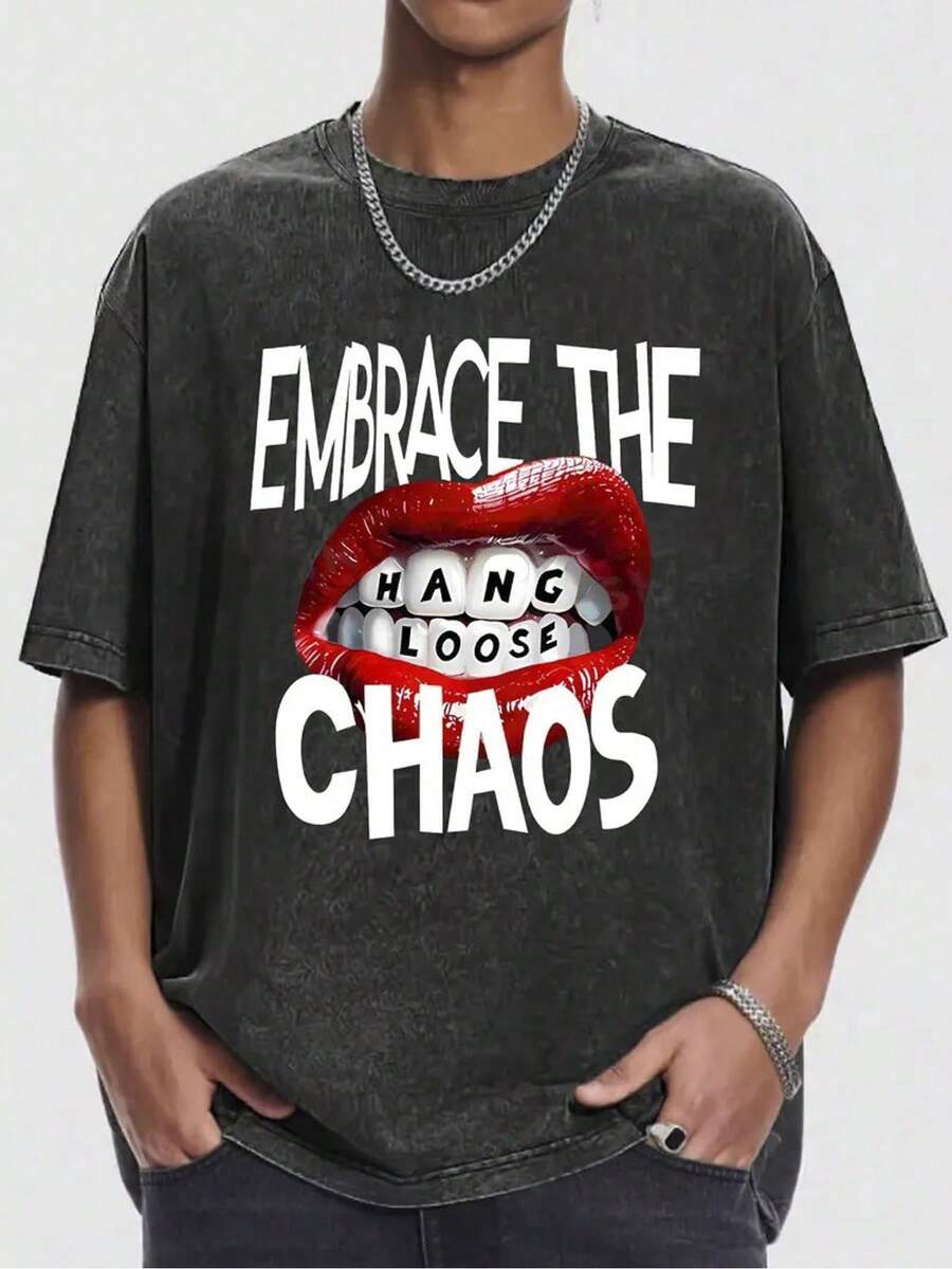 1 camiseta de algodón lavado de 230g para hombre, con estampado " Chaos" y diseño de labios rojos - ropa urbana de corte holgado, adecuada para aventuras al aire libre, uso diario cas - Negro - Ver 1