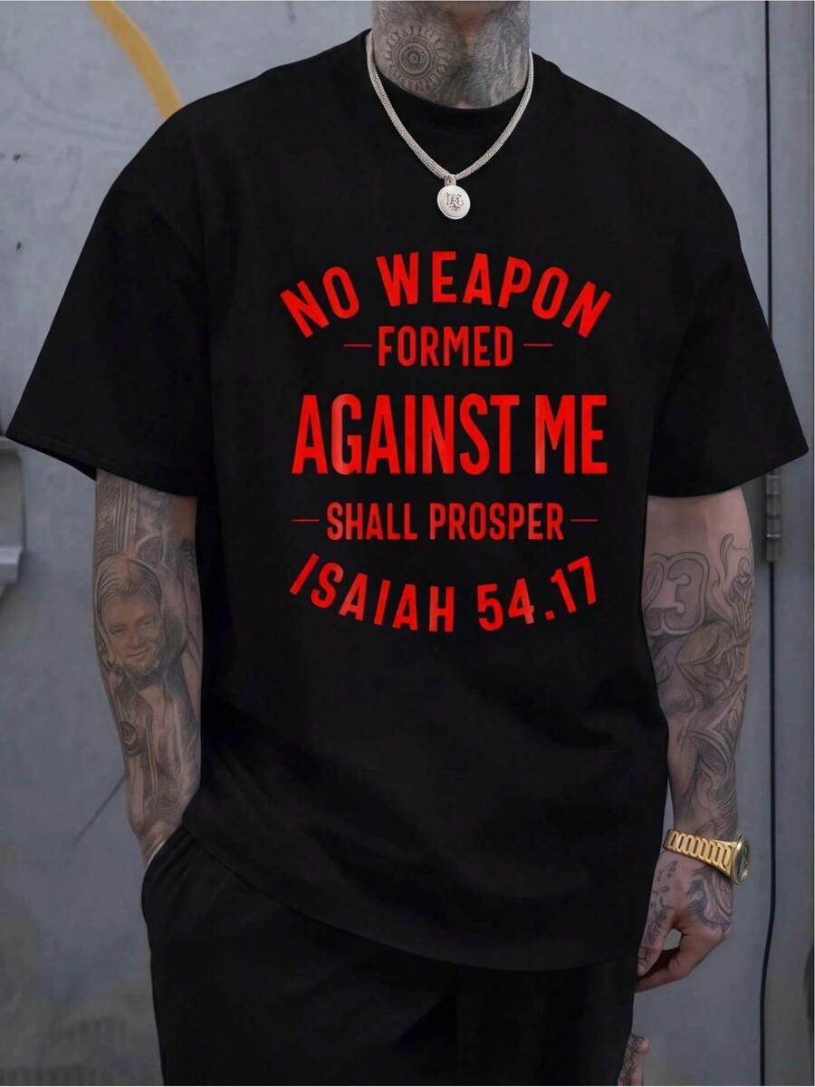 Camiseta de hombre cristiana: "No importa quién me ataque, no lo logrará" | Camiseta con Versículo Bíblico Isaías 54:17 - Camiseta de Manga Corta para Hombre, Talla Grande - Negro - Ver 1