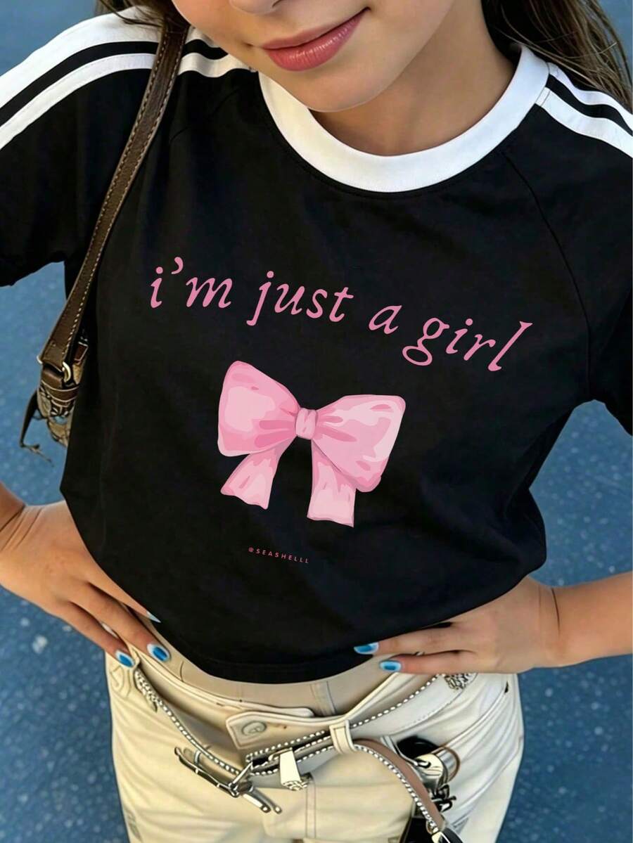 少女印花短袖T恤,学生及年轻女孩夏季休闲上衣 - 黑與白 - 查看 1