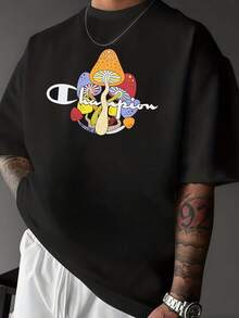 Colorful Mushrooms Symbolizing Creativity And Freedom, Comfortable Casual Men's T-Shirt For Everyday Wear - 黑色 - 查看 1