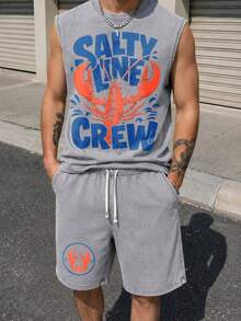 Summer Für Herren, Lockeres Baumwolle Tanktop und Shorts Set Mit Front Krebs Und "Salty Line Crew" Grafikdruck, Mehrere Farben Verfügbar, Casual Top Für Strandurlaub Und Alltag Outfit - Grau - Übersicht 6